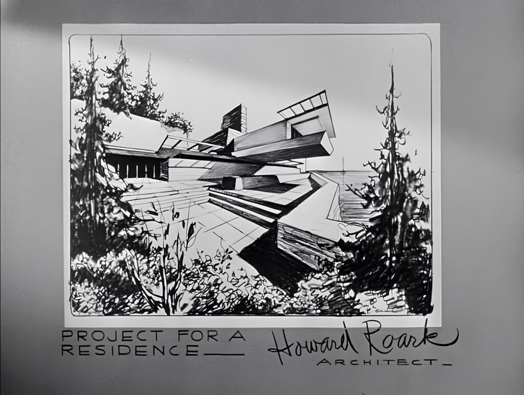 Exterior view of Howard Roark’s modernist residence, showcasing minimalist geometric design